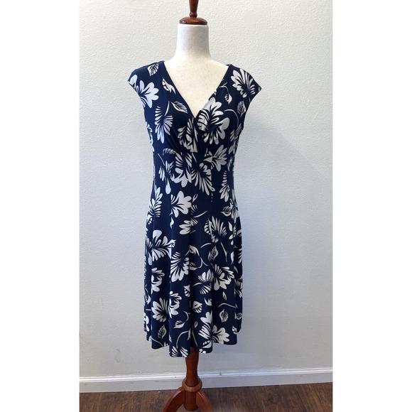Ralph Lauren LRL Midi Dress Womens Size 8 Blue Tropical Palm Floral Print Wrap - Picture 1 of 8